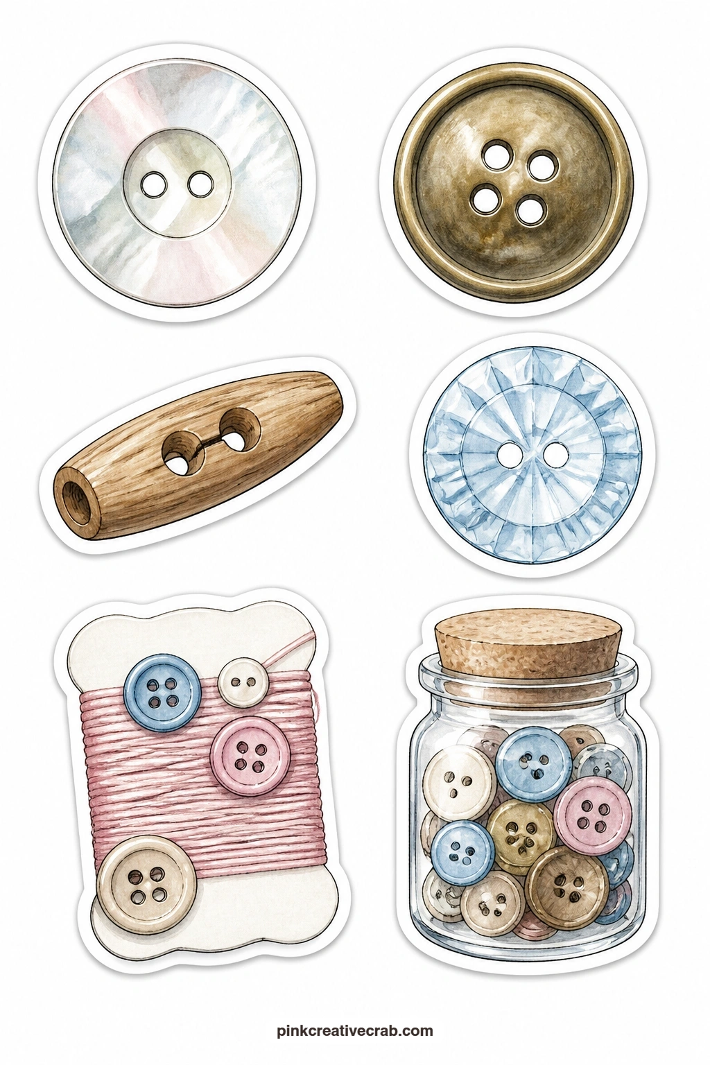 Buttons Stickers printable page — Rounding out the haberdashery theme, this sheet holds a mother of pearl button, a brass button, a wooden toggle, a glass