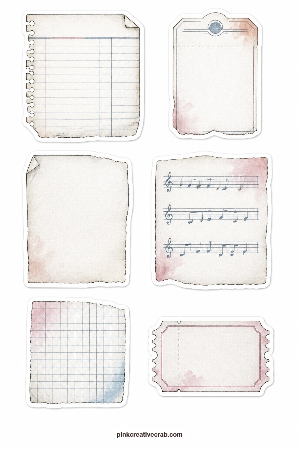Old Paper Pieces Stickers printable page — A ledger page, a blank receipt scrap, a plain book page scrap, a sheet music scrap, a graph paper scrap and a ticket