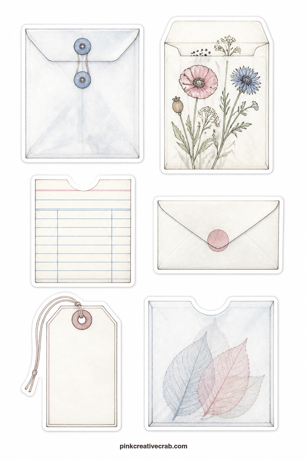 Pockets and Envelopes Stickers printable page — Six small containers share this sheet: a glassine envelope, a seed envelope, a library pocket, a coin envelope