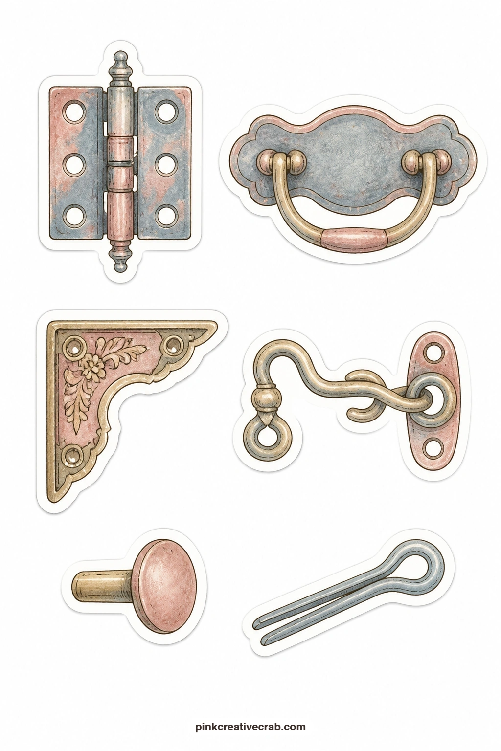 Vintage Hardware Stickers printable page — This sheet gathers six small hardware pieces: a hinge, a drawer pull, a brass corner, a hook and eye, a rivet and a