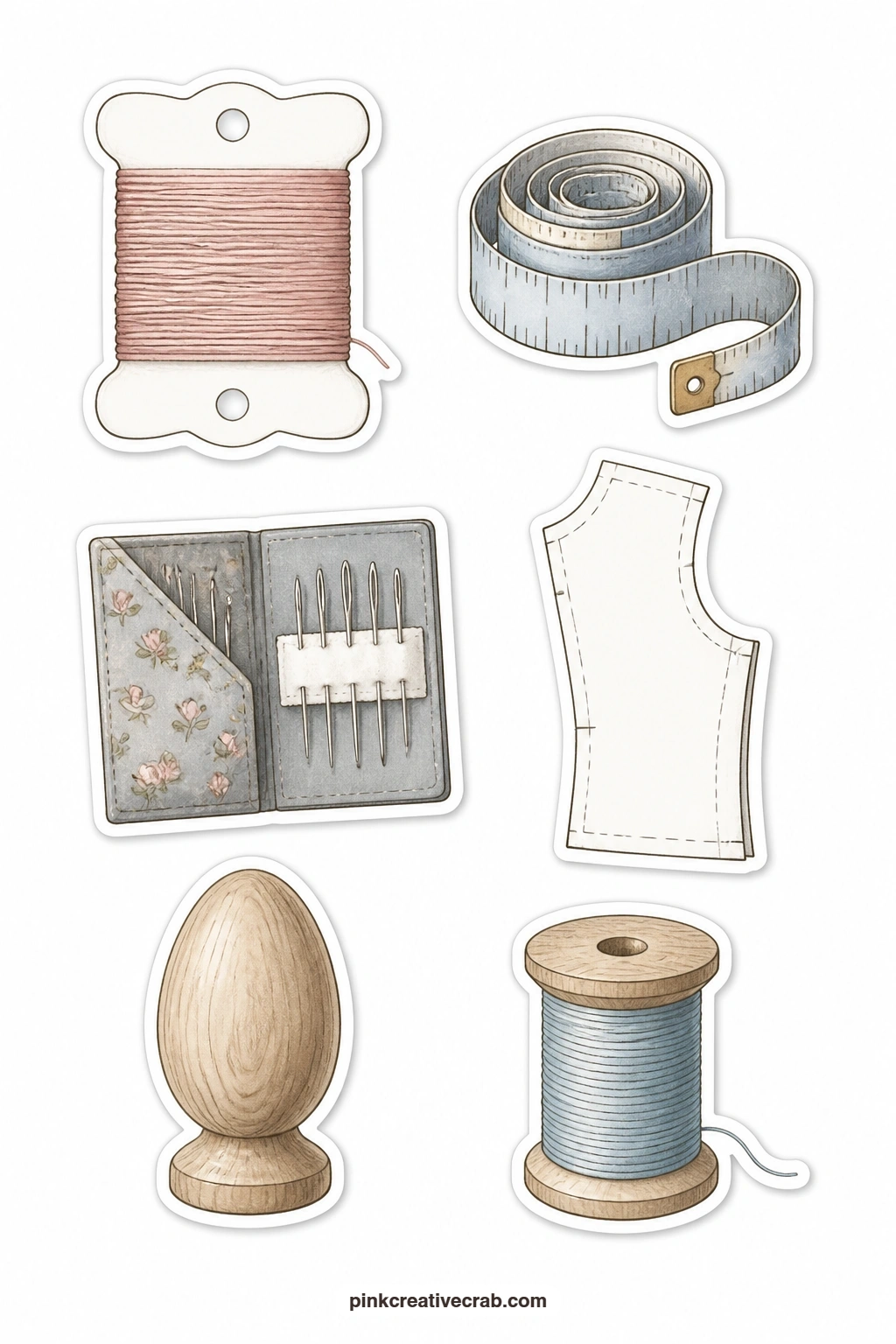 Sewing Ephemera Stickers printable page — A thread card, a measuring tape, a needle book, a pattern piece, a darning egg and a bobbin fill this sheet, six