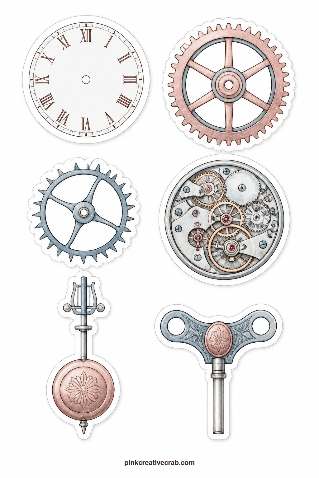 Clocks and Gears Stickers printable page — A clock face, a gear, a cog wheel, a watch movement, a pendulum and a winding key share this sheet, six mechanical