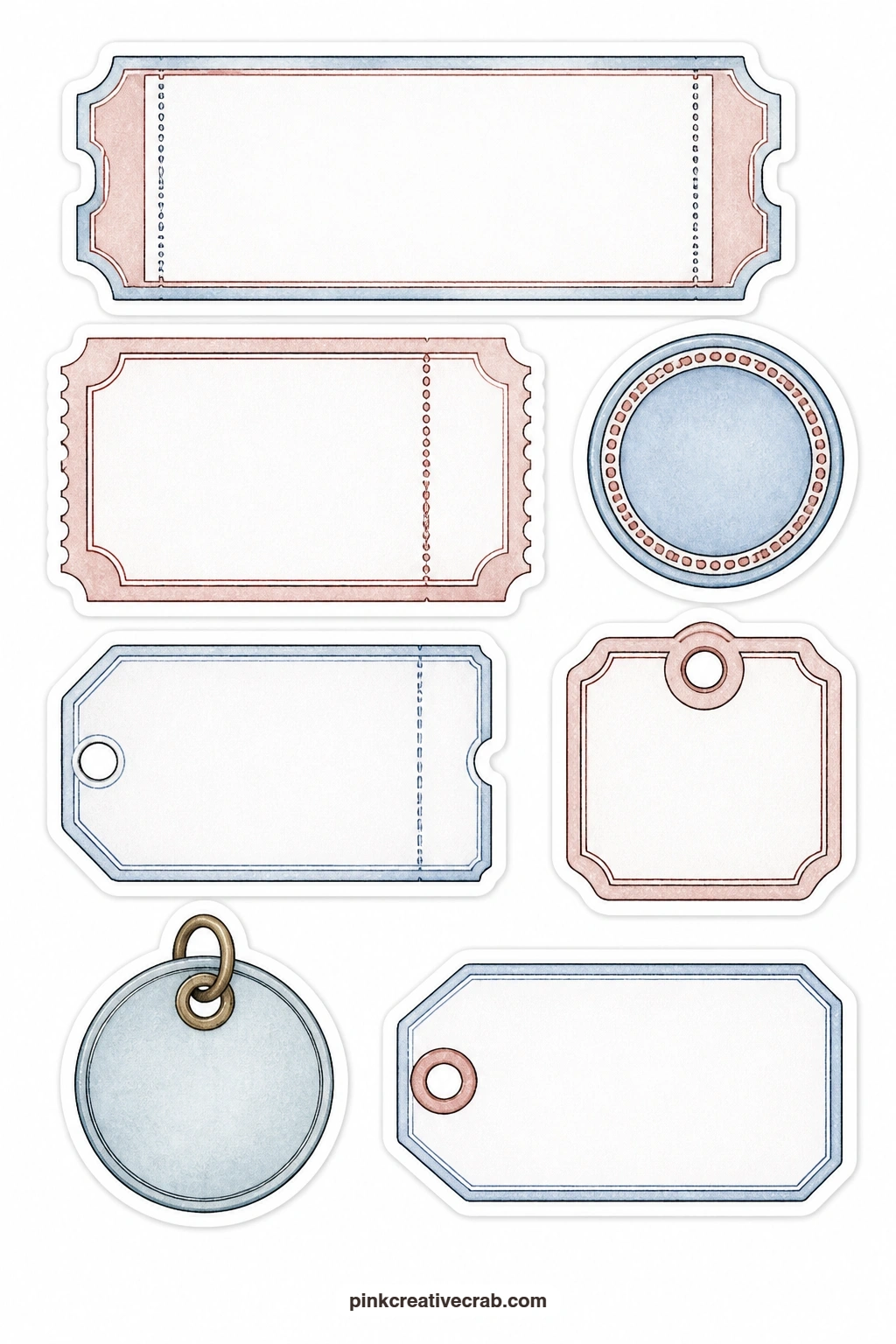 Tickets and Tokens Stickers printable page — Six small paper and metal pieces fill this sheet: a blank admit ticket, a blank raffle ticket, a token coin, a