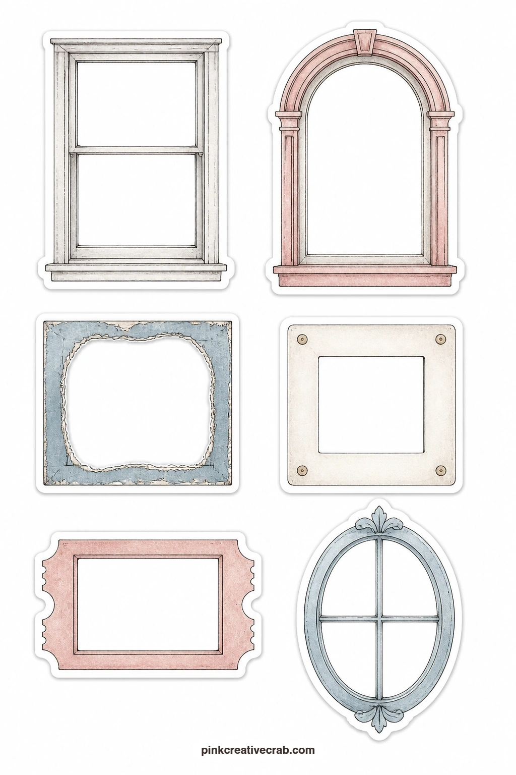 Frames and Windows Stickers printable page — A window frame, an arched frame, a cut-out frame, a slide frame, a ticket frame and an oval window make up this