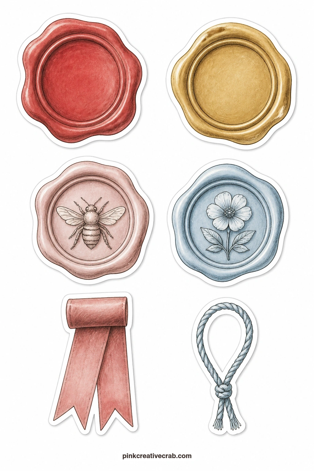 Wax Seals and Cords Stickers printable page — A red wax seal, a gold wax seal, a seal with a bee, a seal with a flower, a ribbon tail and a cord loop sit on