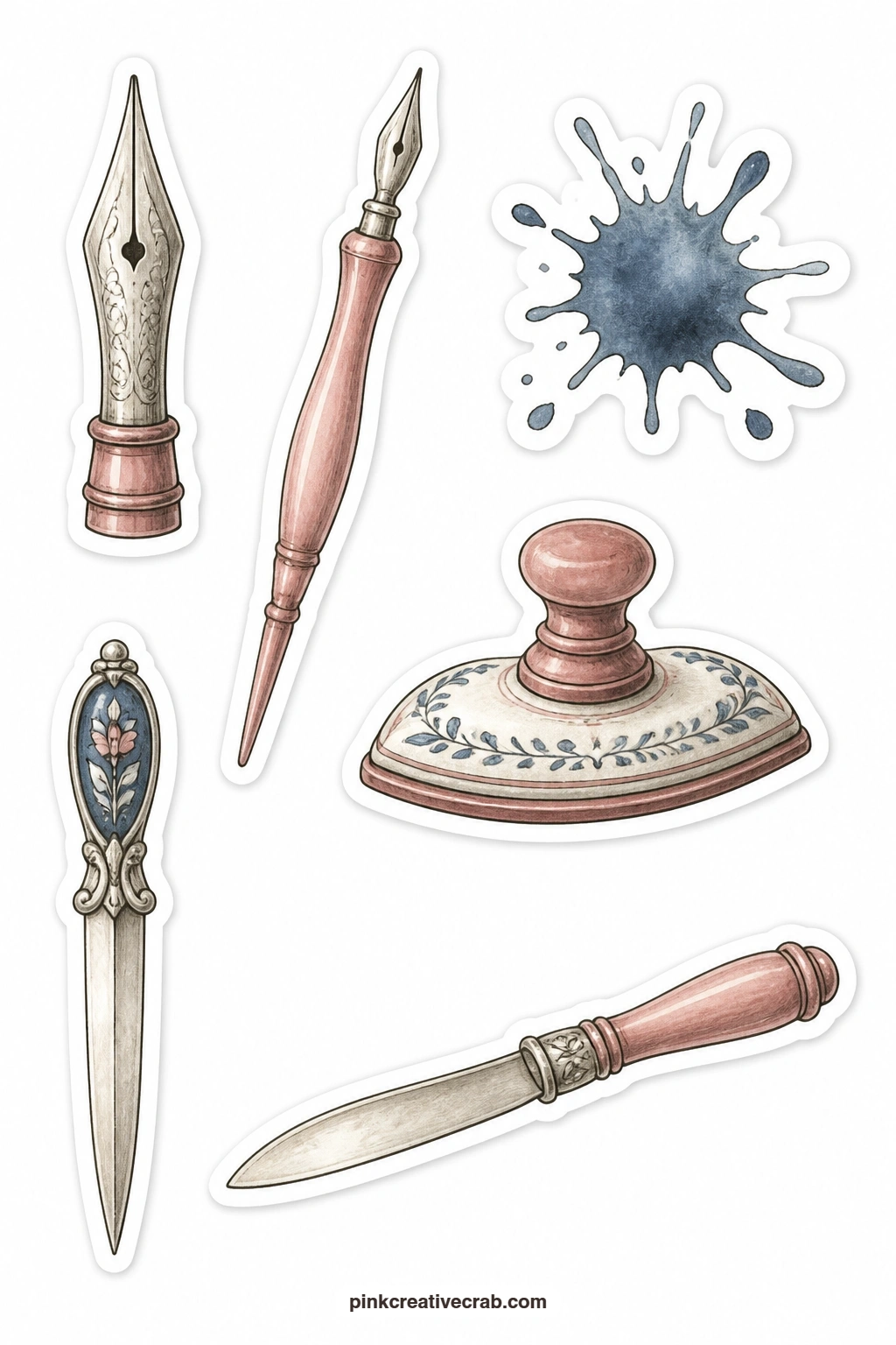 Old Stationery Stickers printable page — A fountain pen nib, a pen holder, an ink blot, a blotter, a letter opener and a paper knife share this sheet, six