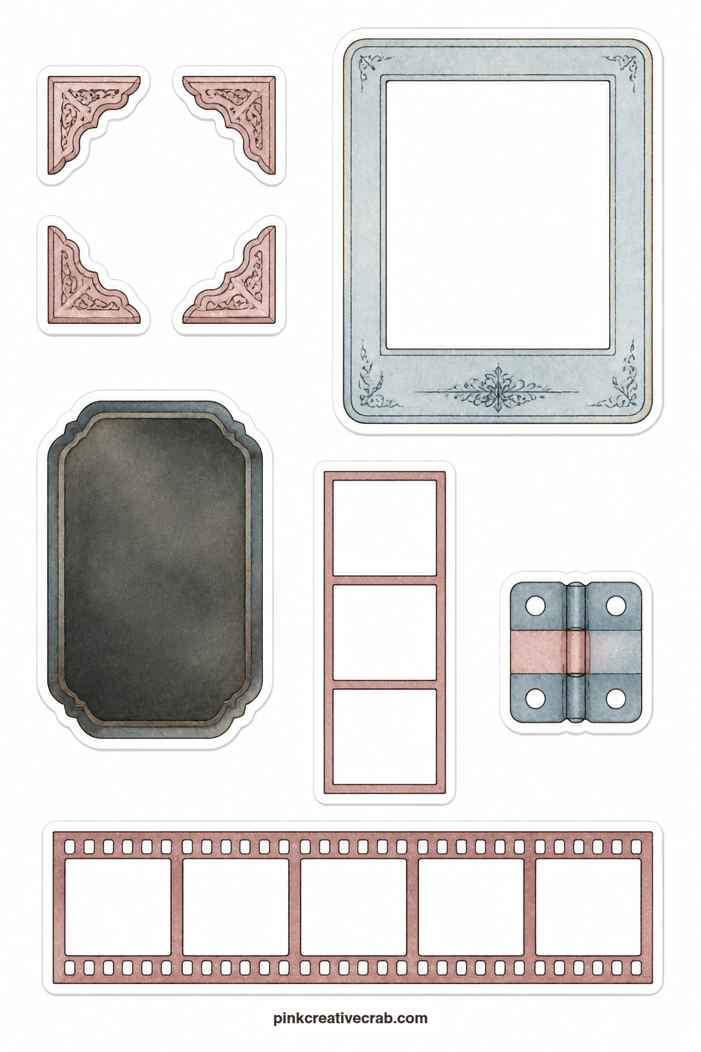 Old Photograph Pieces Stickers printable page — This sheet holds a photo corner set, a cabinet card, a tintype, a photo strip with blank frames, a photo hinge