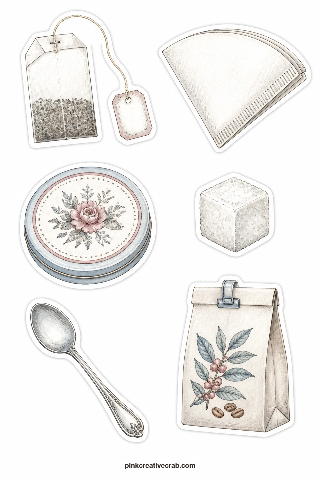 Tea and Coffee Ephemera Stickers printable page — A tea bag, a coffee filter, a tea tin lid, a sugar cube, a teaspoon and a coffee bean bag make up this sheet