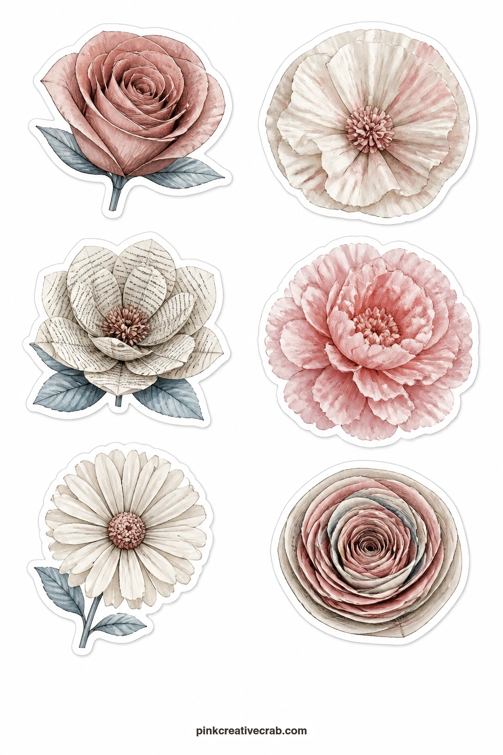 Paper Flowers Stickers printable page — A paper rose, a coffee filter flower, a book page flower, a tissue peony, a paper daisy and a rolled flower fill this