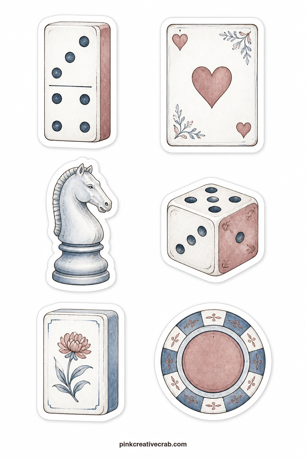 Game Pieces Stickers printable page — A domino, a playing card, a chess knight, a dice, a mahjong tile and a bingo chip share this sheet, six small game pieces