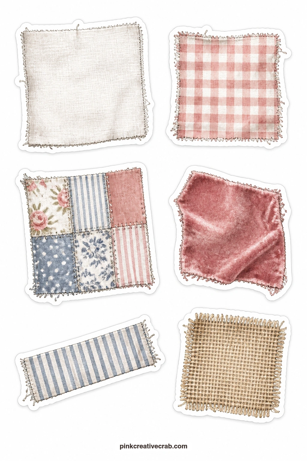 Fabric Scraps Stickers printable page — A fabric swatch, a gingham scrap, a quilt piece, a velvet scrap, a ticking strip and a burlap patch make up this sheet