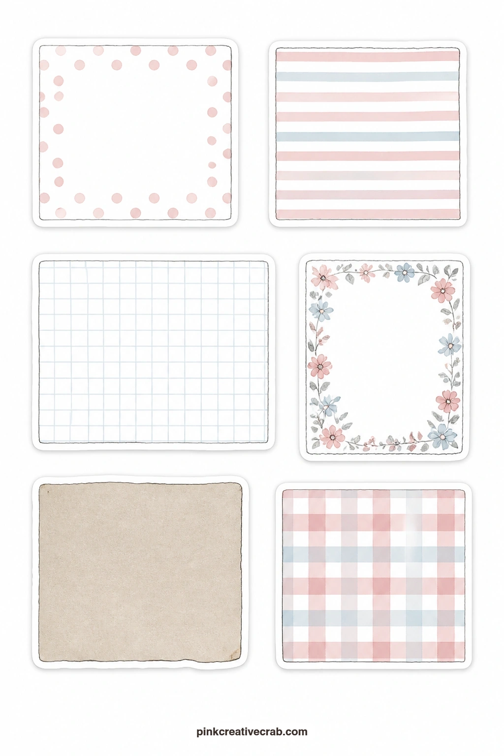 Blank Journaling Cards Stickers printable page — This sheet gives you a polka dot card, a striped card, a grid card, a floral card, a kraft card and a gingham