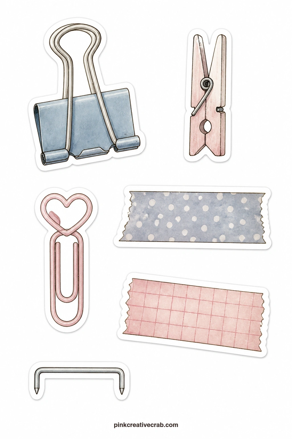 Tape and Clips Stickers printable page — A binder clip, a mini clothespin, a paper clip with a heart, a washi strip, a masking tape strip and a staple fill