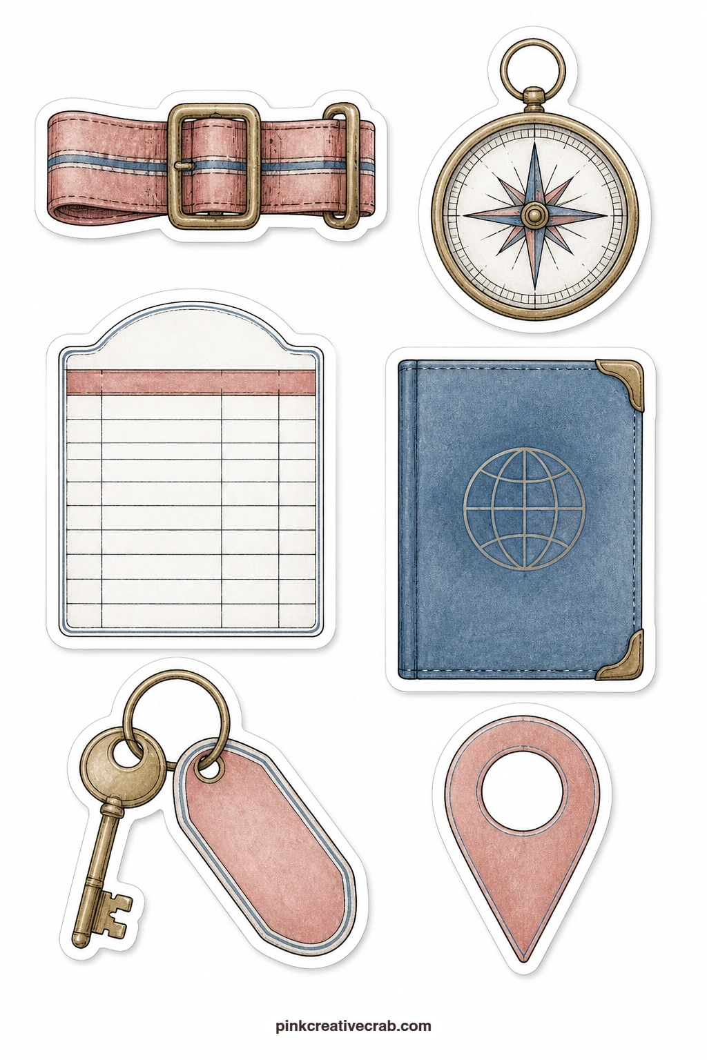 Travel Ephemera Stickers printable page — A luggage strap, a compass, a plain timetable card, a passport cover, a hotel key and a map pin make up this travel
