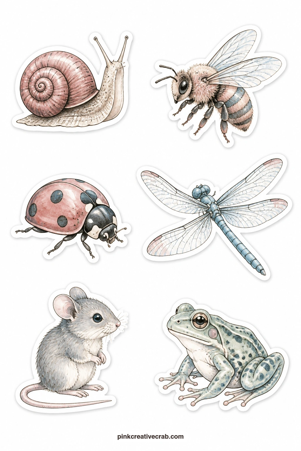 Little Critters Stickers printable page — A snail, a bee, a ladybird, a dragonfly, a mouse and a frog share this sheet, six small garden creatures drawn simply