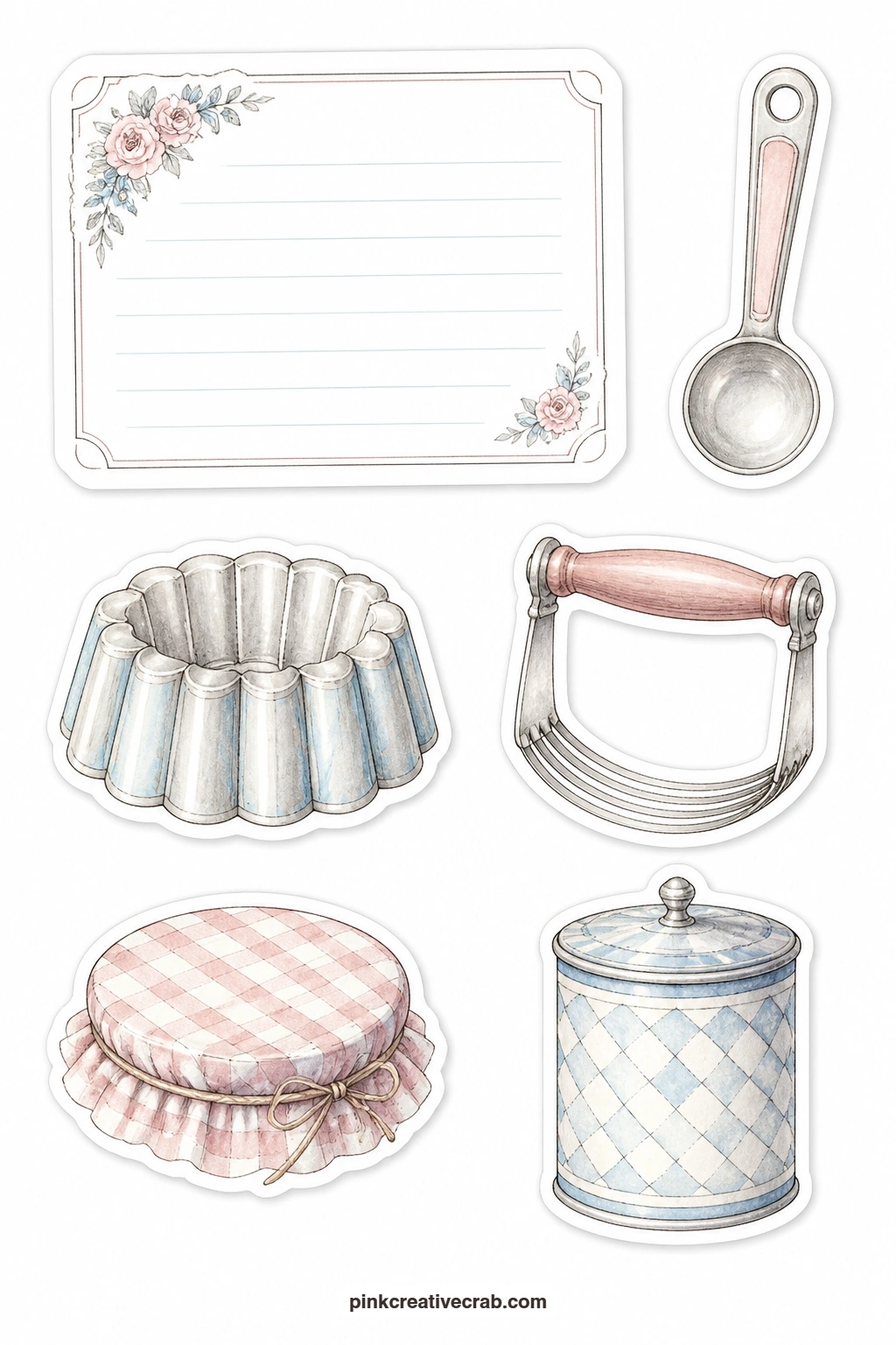 Kitchen Ephemera Stickers printable page — A blank recipe card, a measuring spoon, a cake mold, a pastry cutter, a jam jar lid and a spice tin fill this sheet