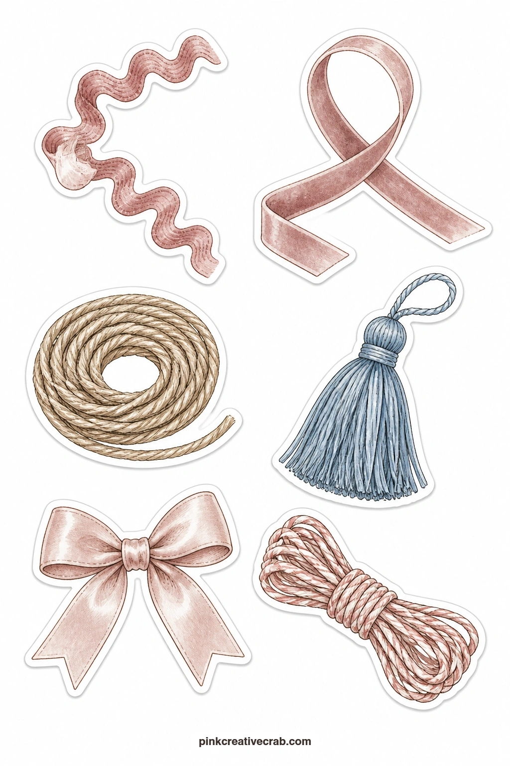 Ribbons and Cords Stickers printable page — A rick rack twist, a velvet ribbon loop, a jute cord, a silk tassel, a satin bow and a baker's twine bundle make up
