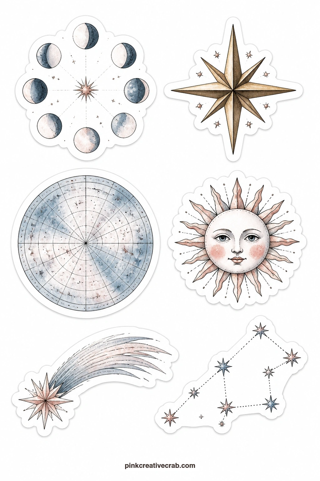 Stars and Moons Stickers printable page — A moon phase set, a brass star, a plain celestial map circle, a sun face, a comet and a constellation close out this
