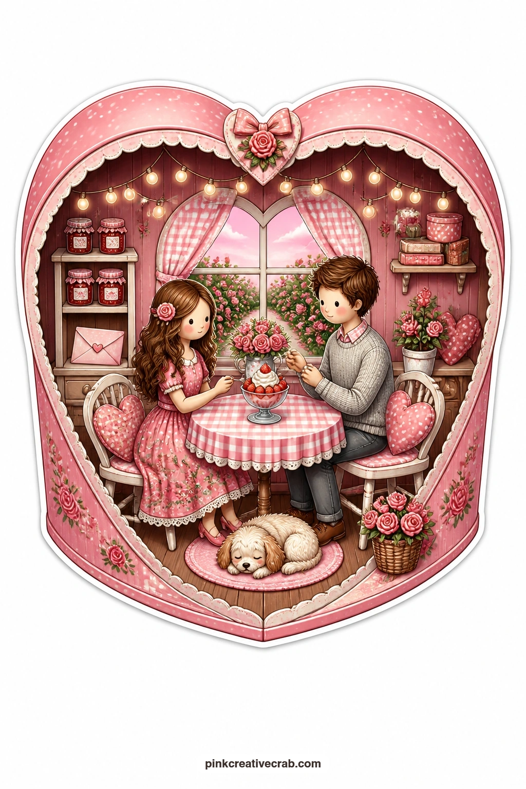 The Strawberry Dessert Heart printable page — A heart-shaped box opens to a young couple sharing a strawberry dessert at a small table, with a rose garden