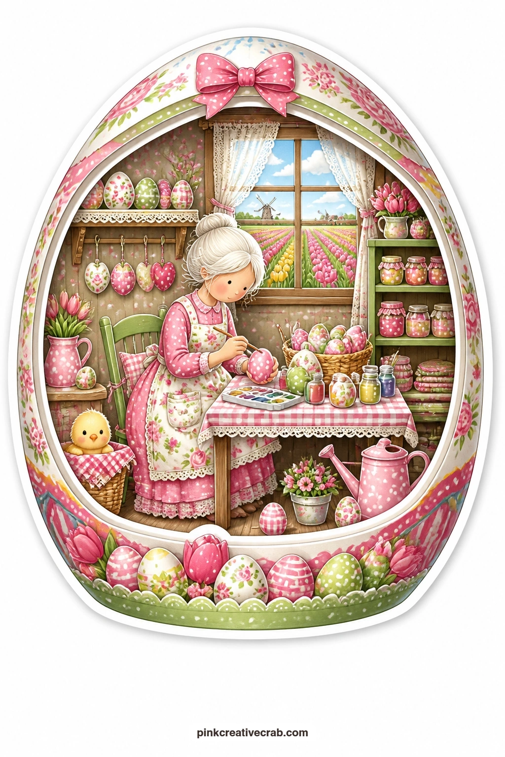 The Painted Egg Room printable page — Nestled into an oversized Easter egg, an elderly woman at a little table paints eggs with a small yellow chick watching