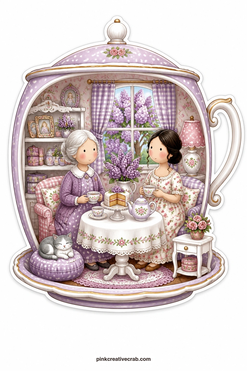 The Lilac Teacup Visit printable page — Sharing tea and cake inside a giant teacup, an elderly mother and her grown daughter sit close together under a lilac