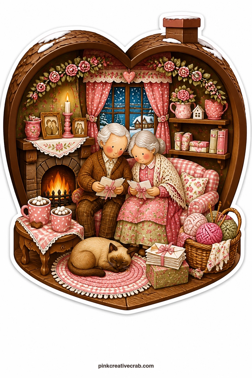 The Fireside Letter Cabin printable page — Shaped like a chocolate heart cut open to reveal a cosy cabin inside, an elderly couple sit by the fire reading old