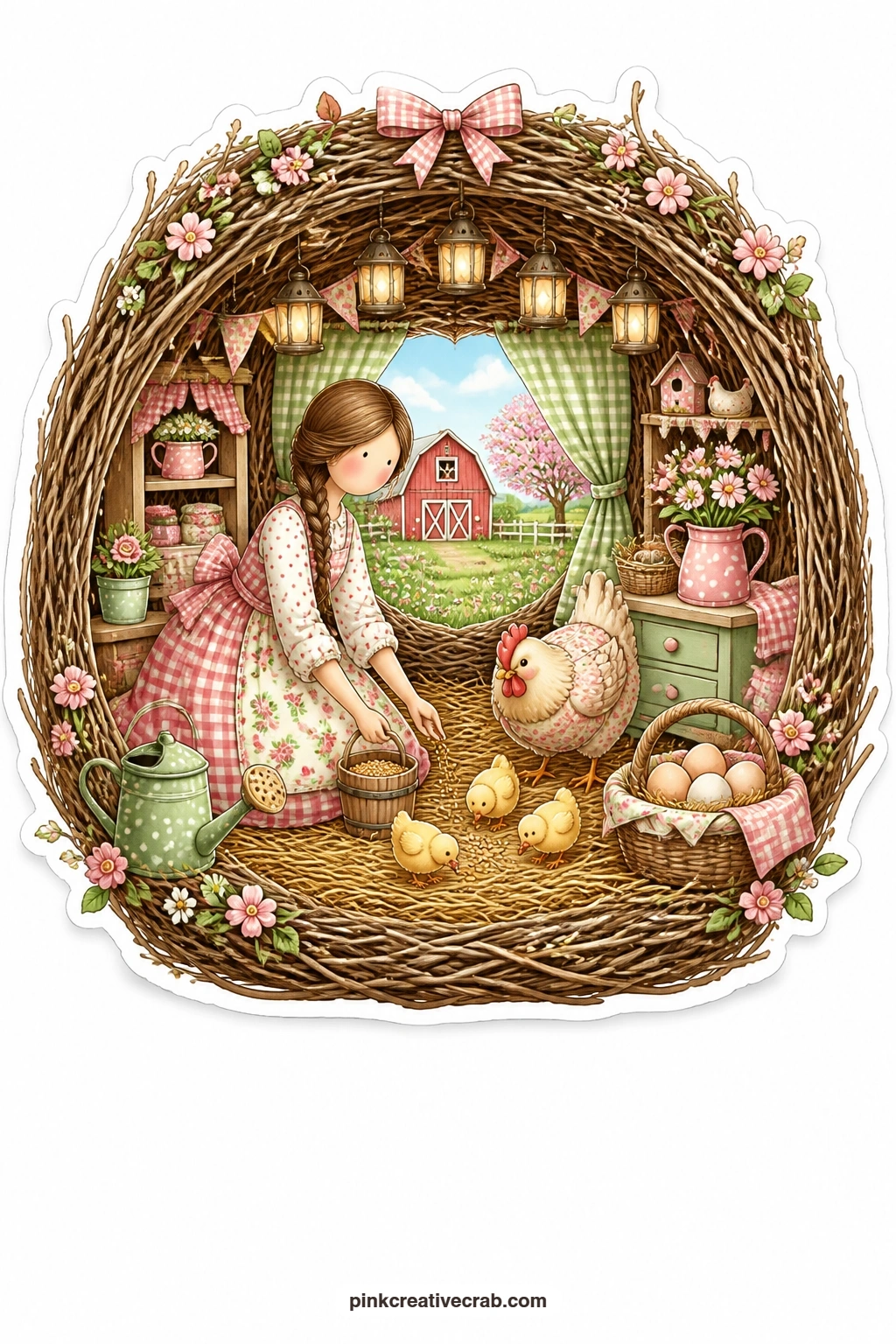 The Hen and Chicks Nest printable page — Curled like a woven nest, this room holds a young woman feeding a hen and her chicks with a spring barn visible