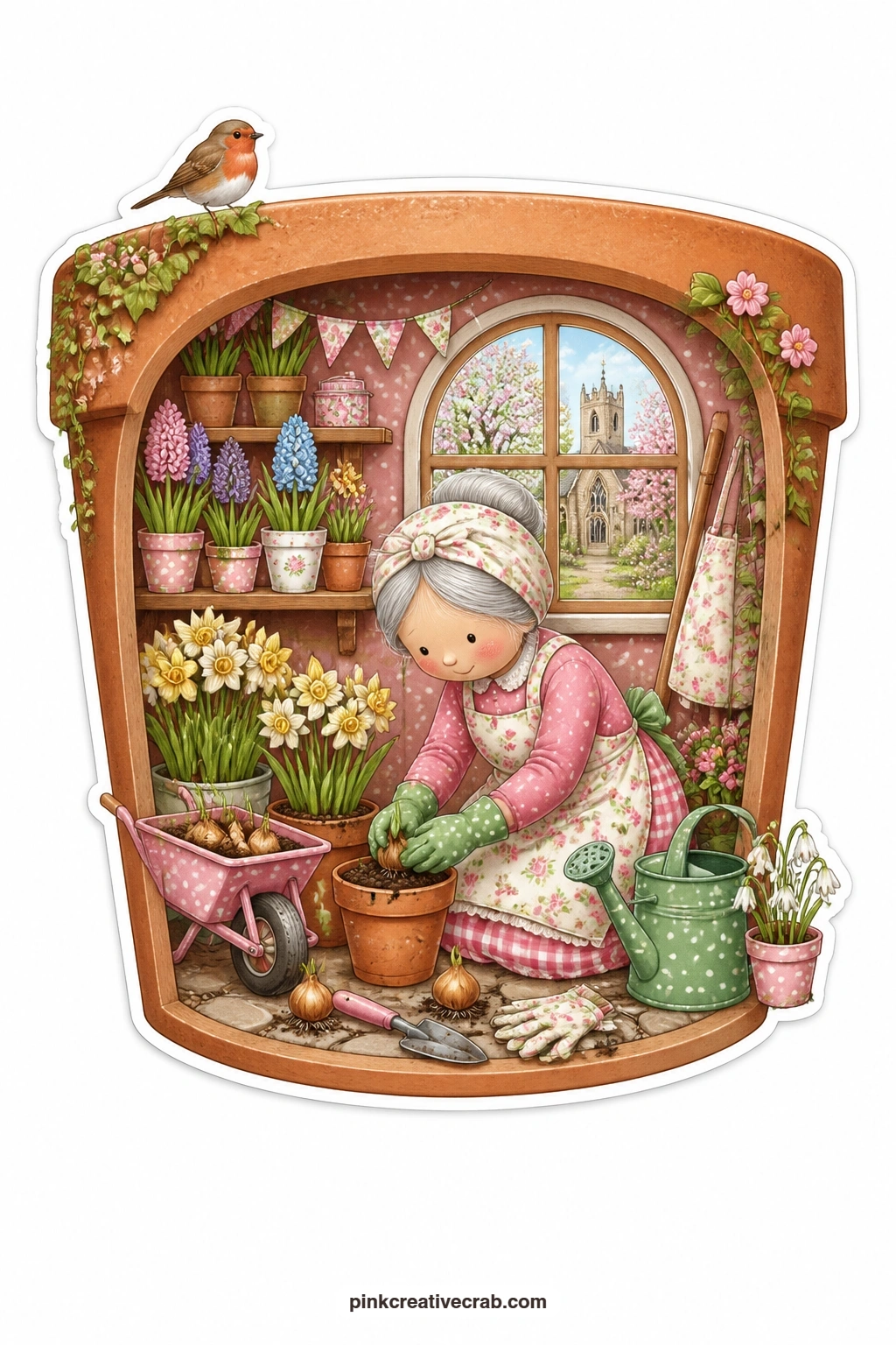 The Daffodil Flower Pot printable page — Inside an oversized flower pot, an elderly woman kneels to plant daffodils while a robin perches nearby, a small