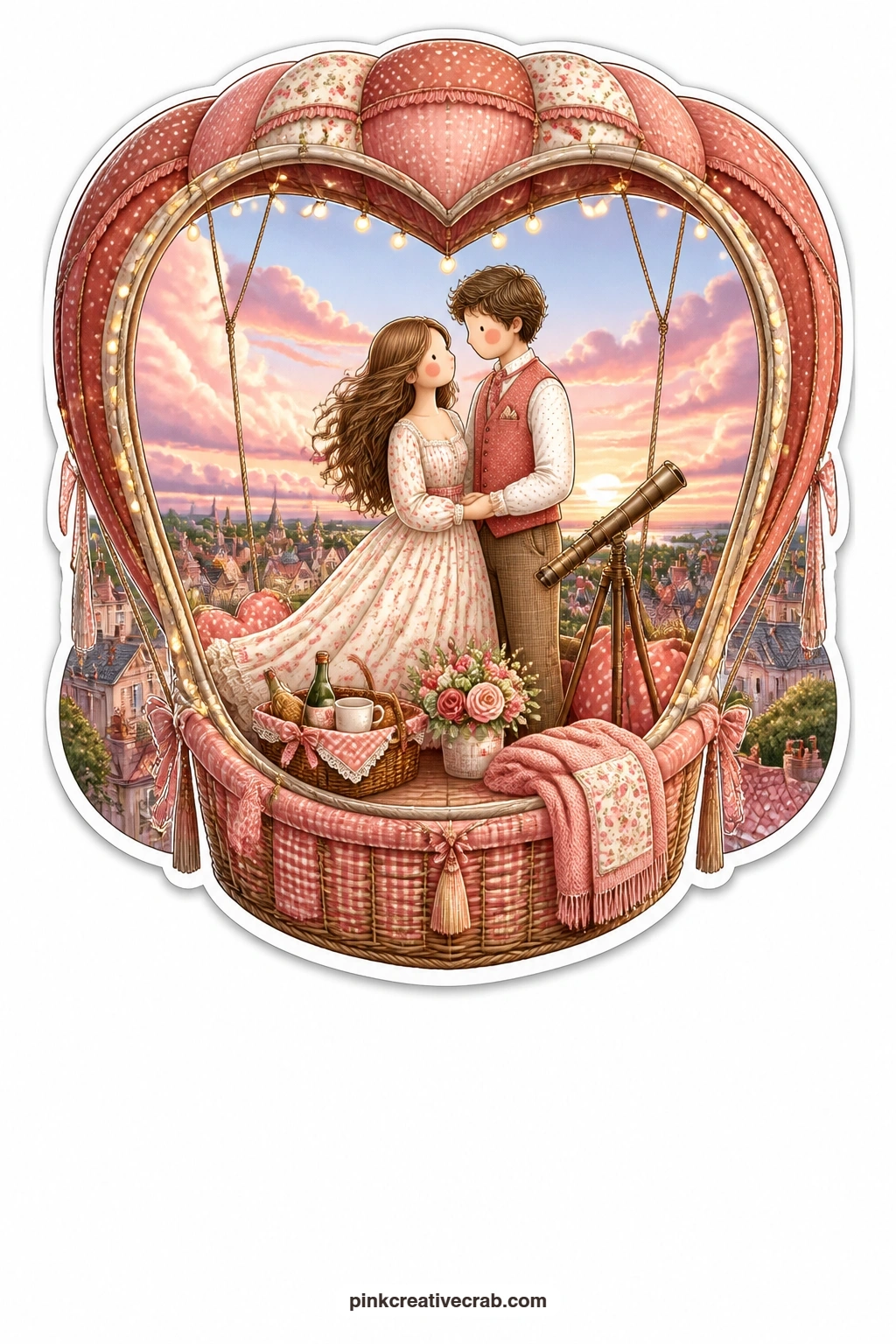 The Sunset Balloon Basket printable page — Floating over rooftops in a heart-shaped balloon basket, a young couple drift together under a sky full of sunset