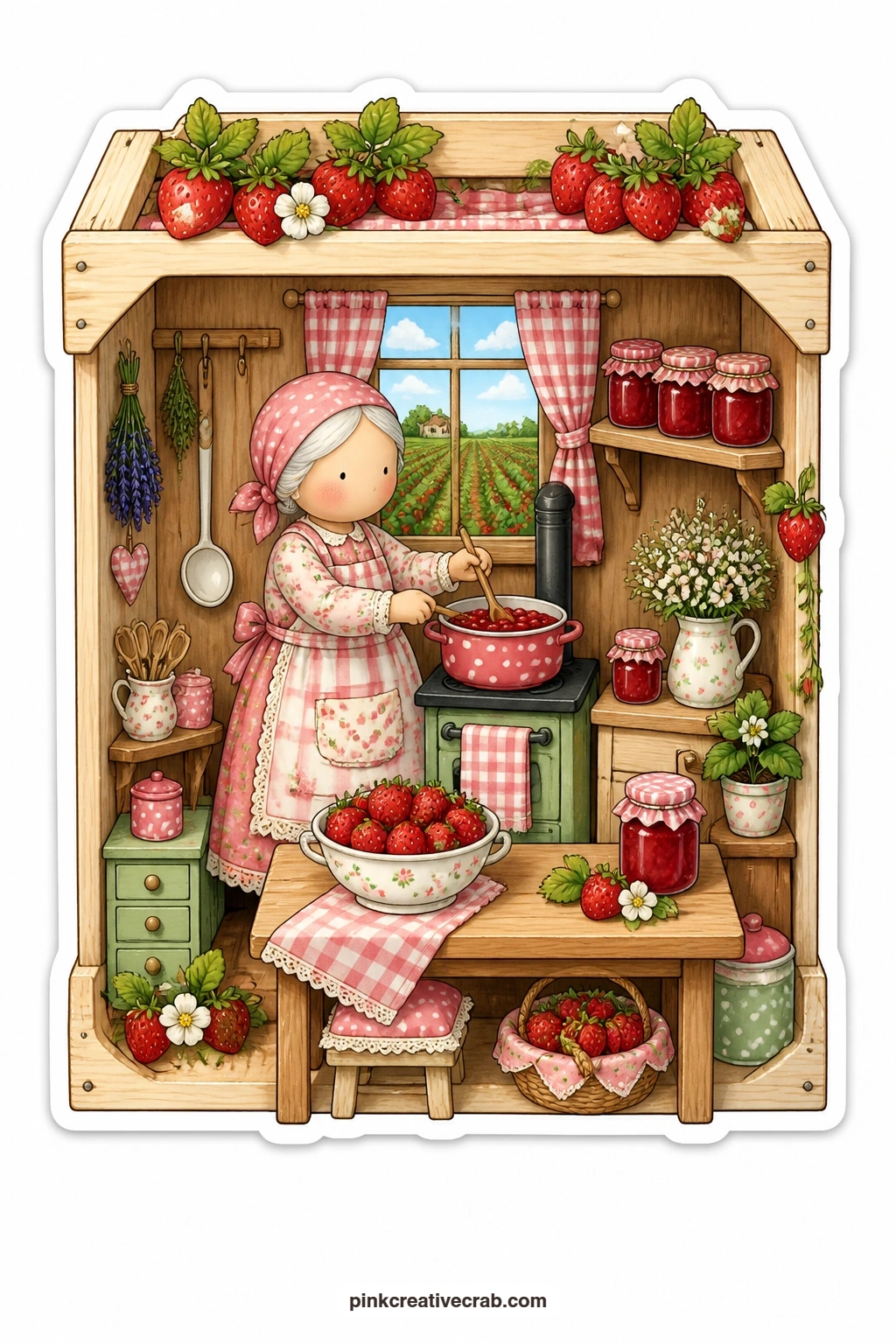 The Strawberry Jam Kitchen printable page — Tucked inside a strawberry punnet, an elderly woman stirs a pot of jam at a small stove while strawberry fields