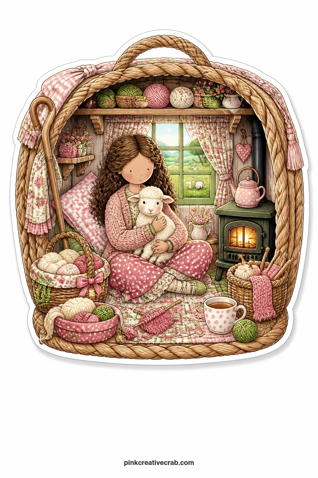 The Lamb and Wool Basket printable page — Settled into a basket overflowing with wool, a young woman cuddles a lamb close to a small stove while spring hills