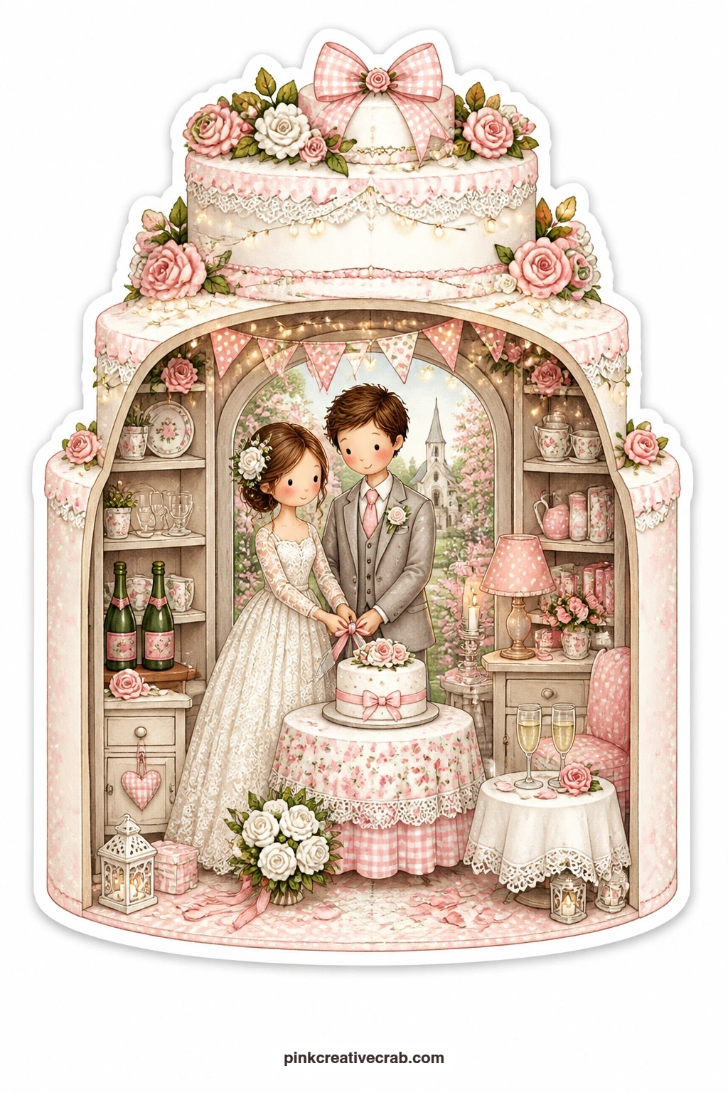 The Wedding Cake Cutting printable page — Rising like a tiered wedding cake, this little room holds a young bride and groom cutting their cake together, a