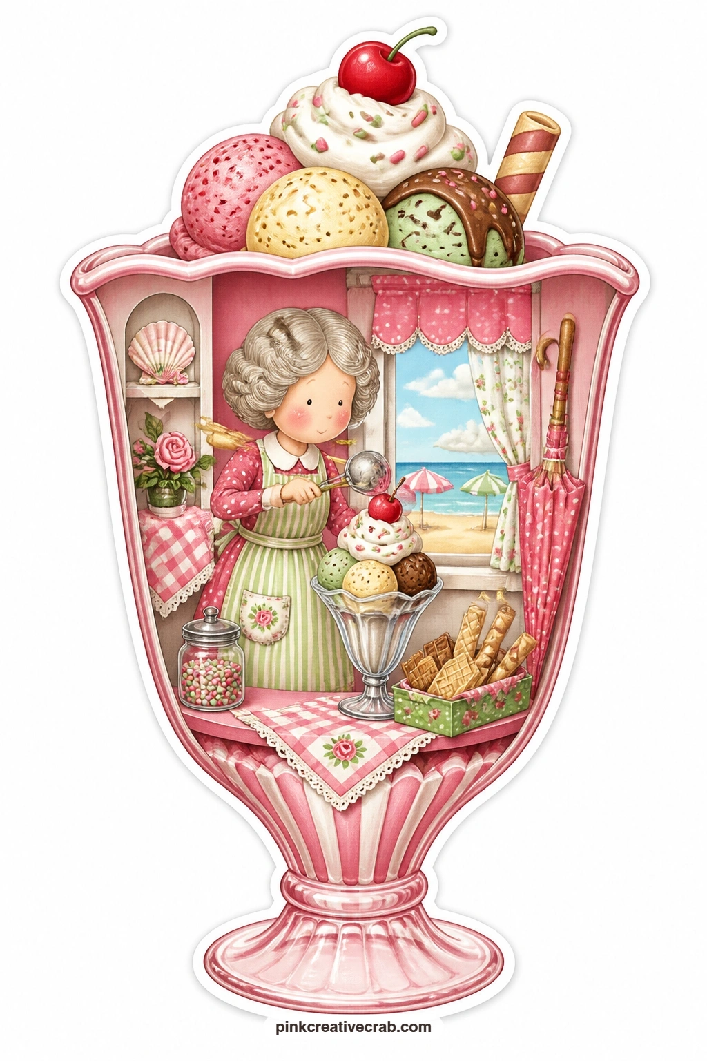 The Beach Sundae Glass printable page — Scooping ice cream into a towering sundae glass, an elderly woman works happily while a summer beach stretches out