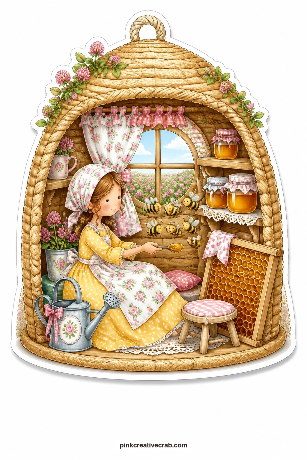 The Honey Bee Skep printable page — Housed inside a woven bee skep shaped like a tiny cottage, a young woman feeds the bees a teaspoon of honey while clover