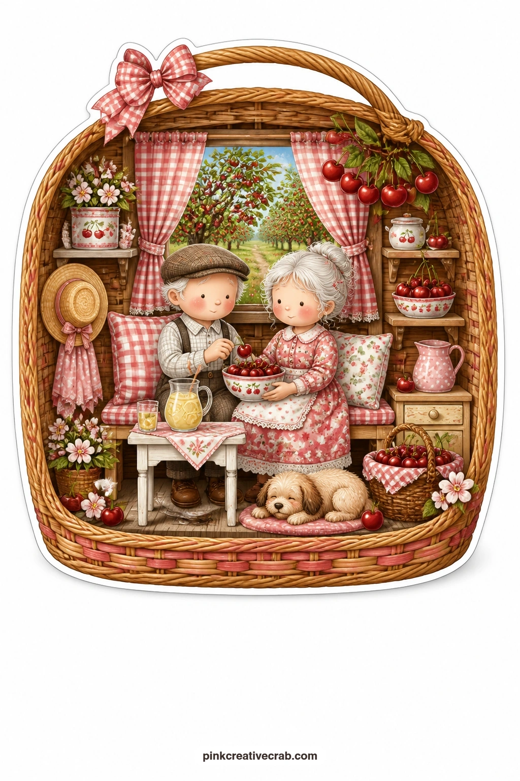 The Cherry Orchard Basket printable page — Resting inside a woven cherry basket, an elderly couple share a bowl of cherries together while an orchard full of