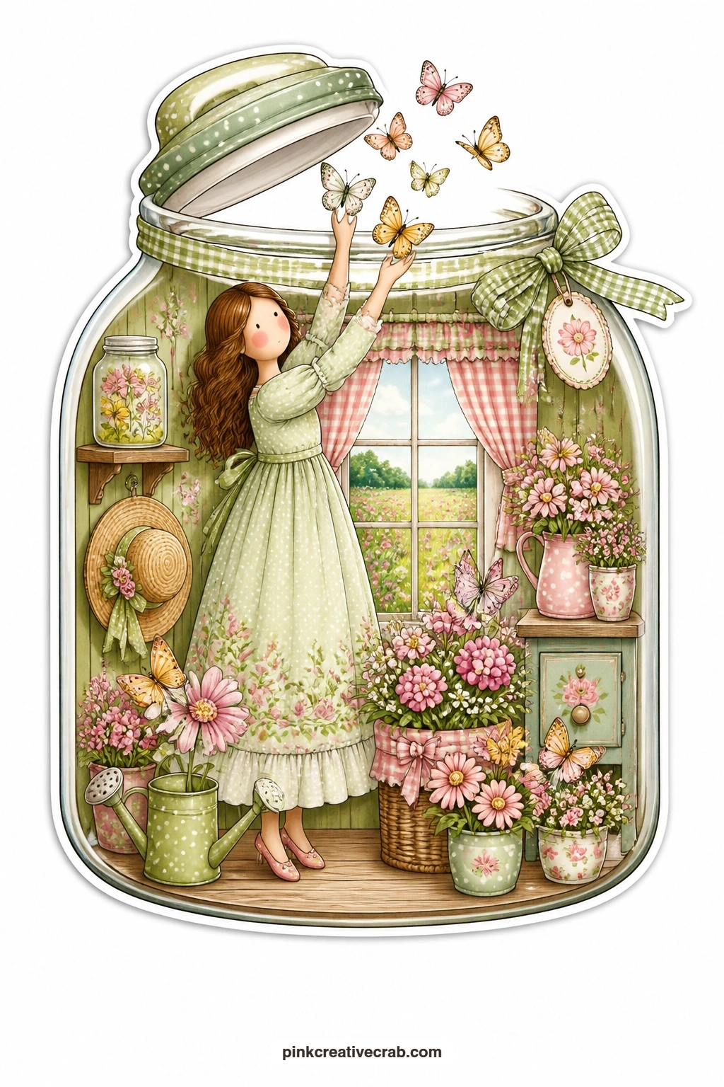 The Butterfly Release Jar printable page — Lifting the lid of a large glass jar, a young woman releases a cluster of butterflies into a wildflower meadow that