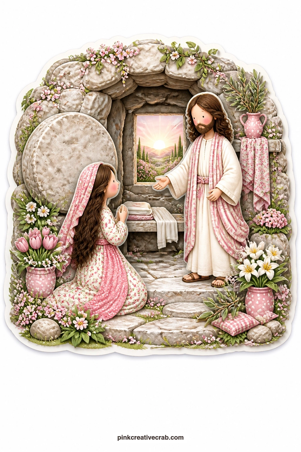 The Garden Tomb at Sunrise printable page — Carved into the shape of an empty garden tomb surrounded by spring flowers, this scene shows Mary Magdalene meeting