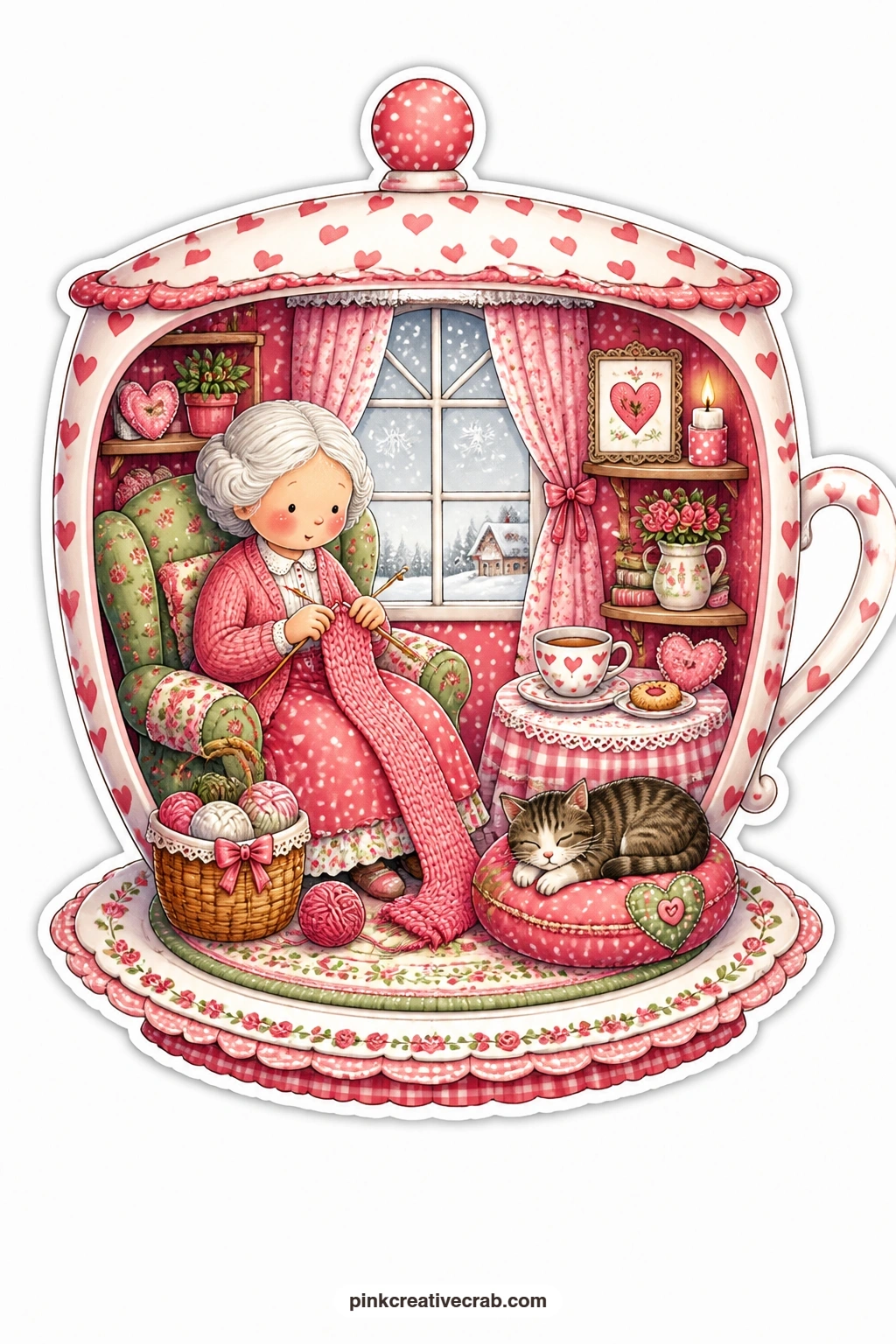 The Snowflake Valentine Teacup printable page — Settled inside a heart patterned teacup, an elderly woman knits a pink scarf with her cat curled beside her