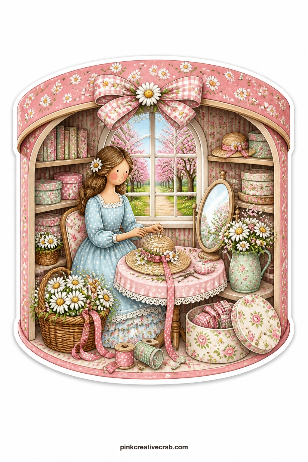 The Daisy Spring Bonnet printable page — Opening like a bonnet box, this little room shows a young woman trimming a straw bonnet with fresh daisies while an