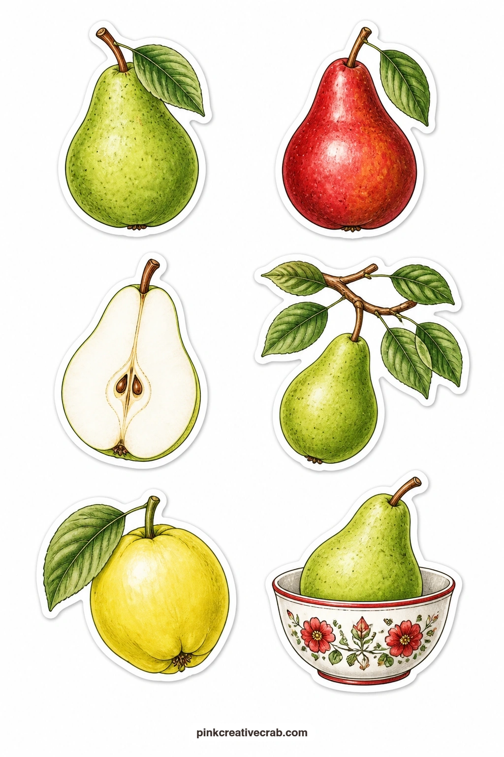 Pear Stickers printable page — A green pear, a red pear, a pear half, a pear on a branch, a quince and a pear in a bowl give this sheet a quieter, softer