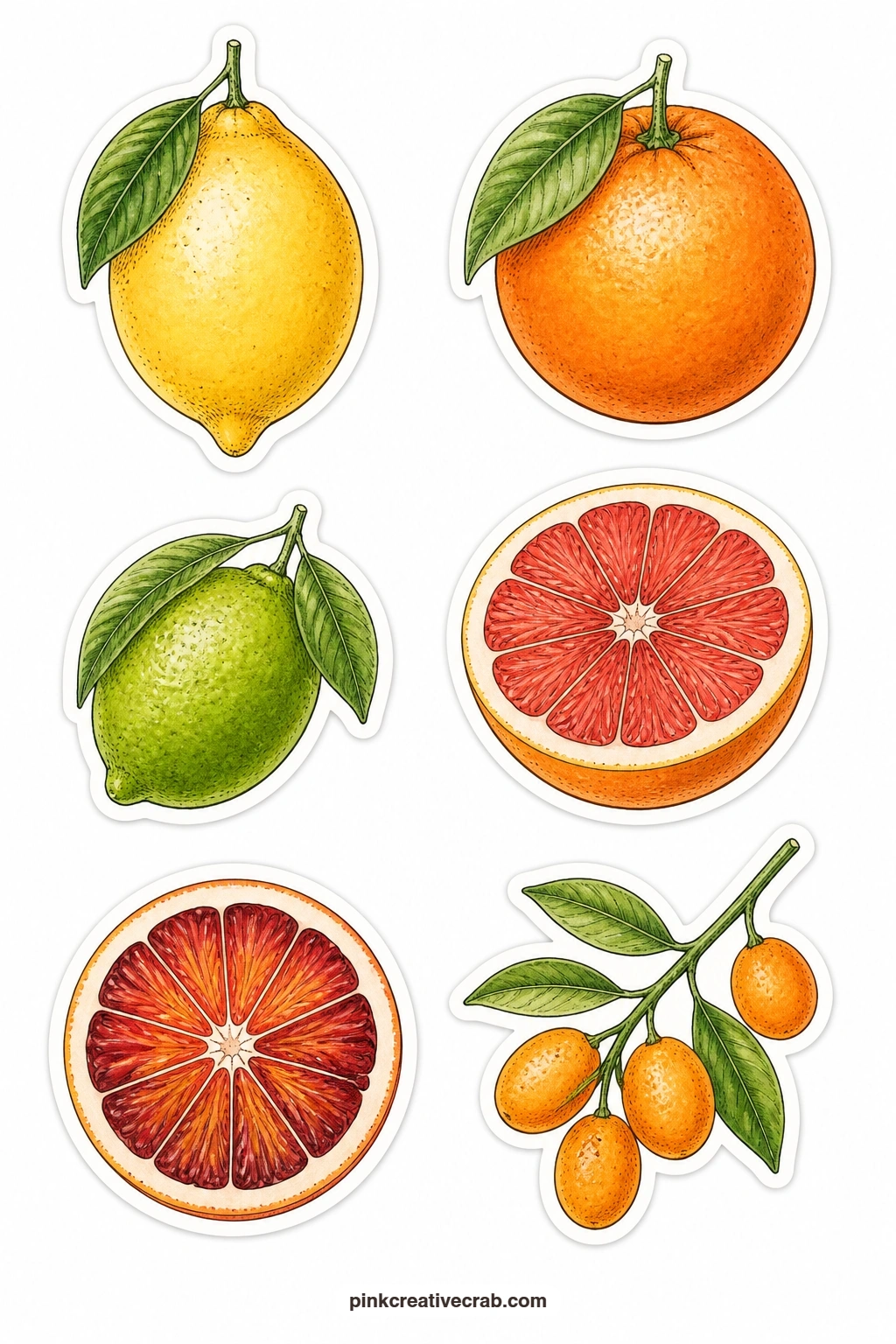 Citrus Stickers Two printable page — A lemon, an orange, a lime, a grapefruit half, a blood orange slice and a kumquat branch bring sunny color to a page of