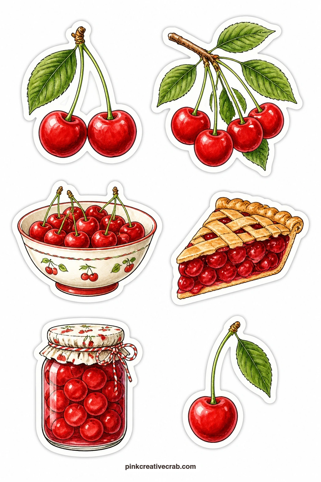 Cherry Stickers printable page — Cherry pair, cherry branch, a bowl of cherries, a cherry pie slice, a cherry jar and a single cherry cover every way this