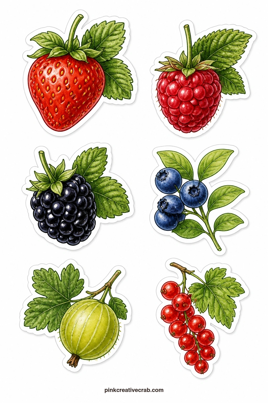 Berry Stickers printable page — A strawberry, a raspberry, a blackberry, a blueberry sprig, a gooseberry and a red currant give this sheet a whole basket of