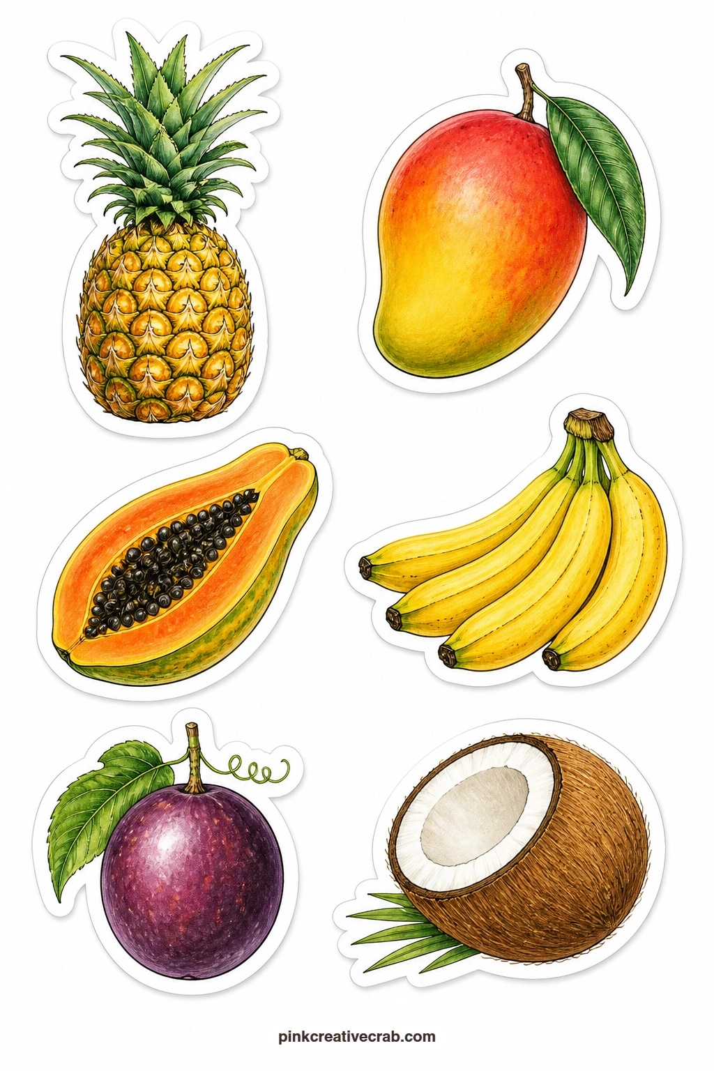 Tropical Fruit Stickers printable page — A pineapple, a mango, a papaya, a banana bunch, a passion fruit and a coconut bring a brighter, bolder set of shapes