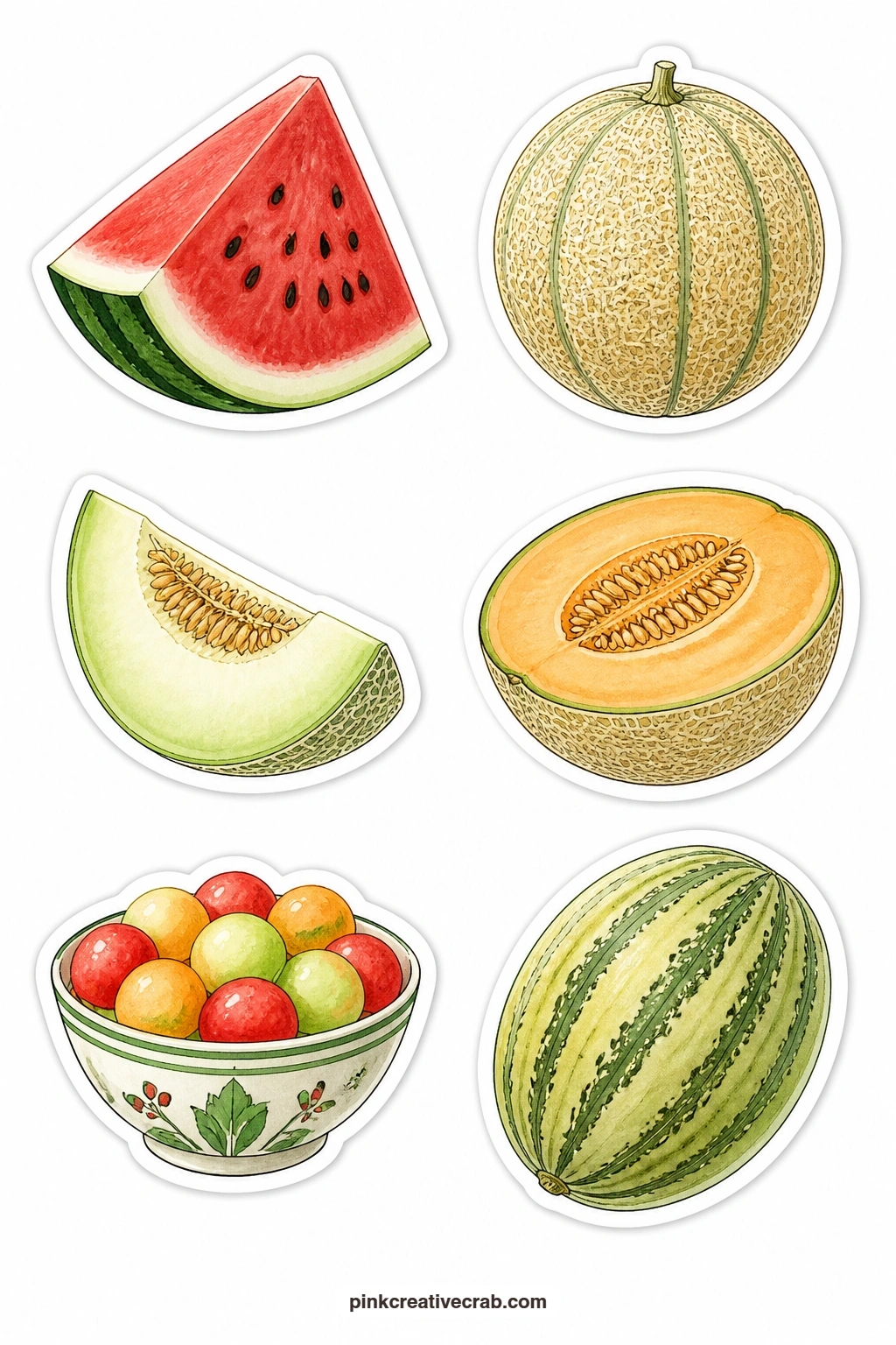 Melon Stickers printable page — A watermelon slice, a cantaloupe, a honeydew wedge, a melon half, a melon ball bowl and a striped melon fill this sheet with