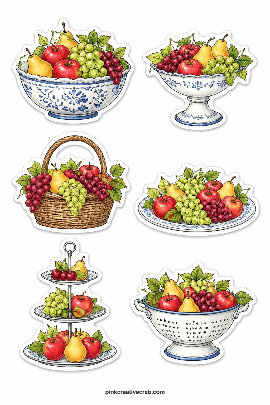 Fruit Bowl Stickers printable page — A fruit bowl, a footed compote, a wicker fruit basket, a fruit platter, a tiered stand of fruit and a colander of fruit