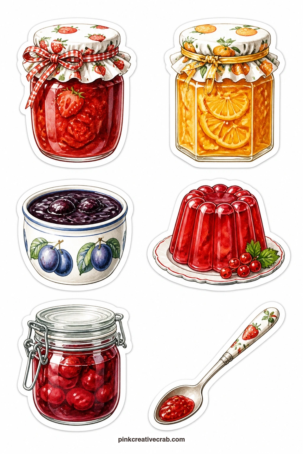 Fruit Preserve Stickers printable page — A strawberry jam jar, a marmalade jar, a plum jam pot, a jelly mold, a canning jar and a jam spoon fill a shelf's