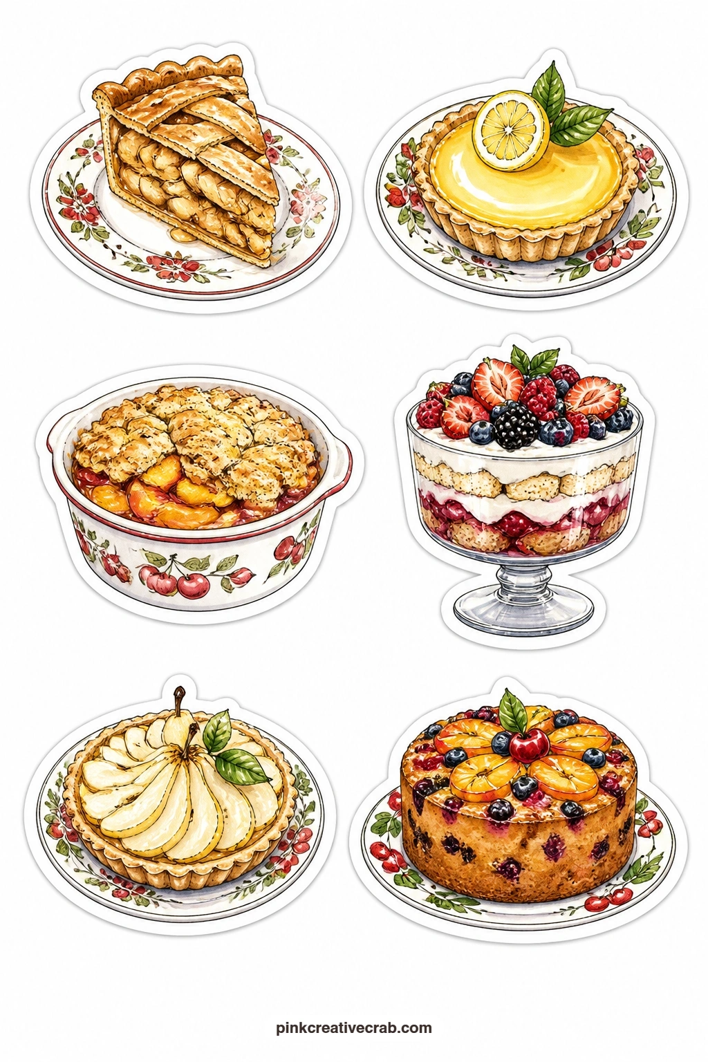 Fruit Dessert Stickers Two printable page — An apple pie, a lemon tart, a peach cobbler, a berry trifle, a pear tart and a fruit cake cover the dessert table