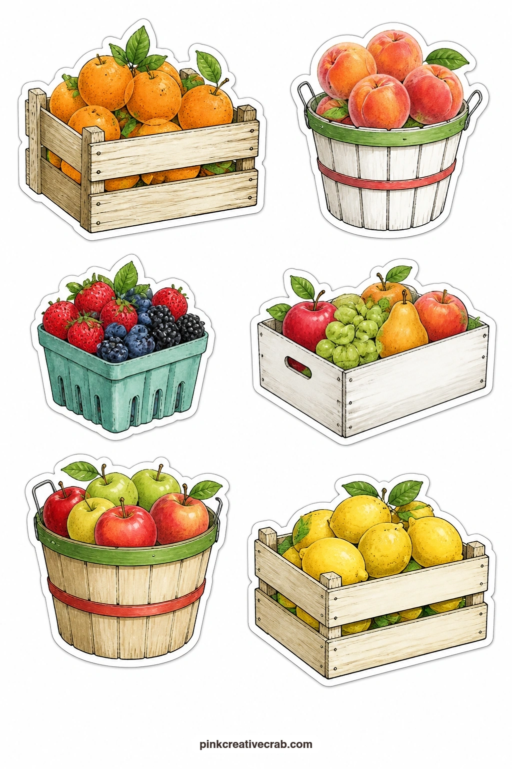 Fruit Crate Stickers printable page — A wooden crate of oranges, a peach basket, a berry punnet, a fruit box, a bushel basket and a lemon crate recreate the