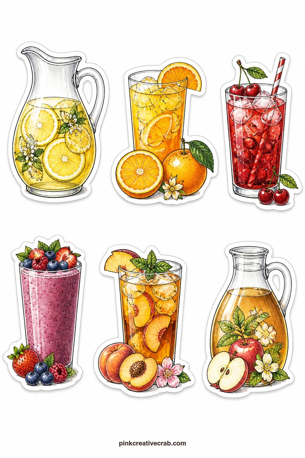 Fruit Drink Stickers printable page — A lemonade pitcher, an orange juice glass, a cherry soda, a berry smoothie, a peach iced tea and an apple cider jug round